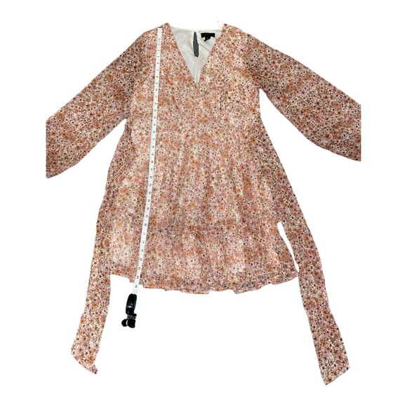 Japna Floral Long Sleeve Sheer Ruffle Layered Mini Dress with Waist Tie Size L - Picture 4 of 7